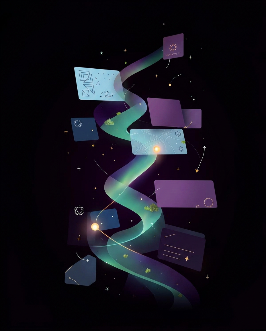 An illuminated route winding through opportunity cards and destination markers
